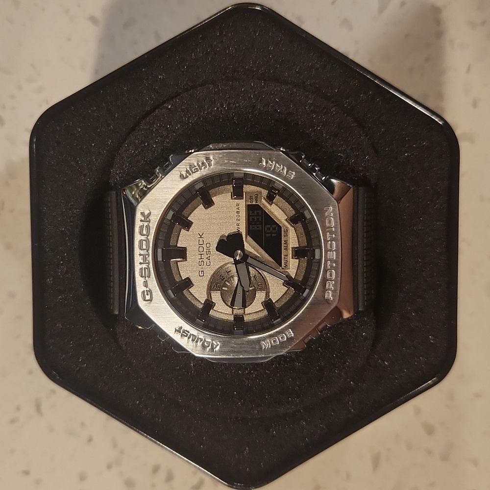 BRAND NEW Casio Gshock silver stainless steel housing and face black strap